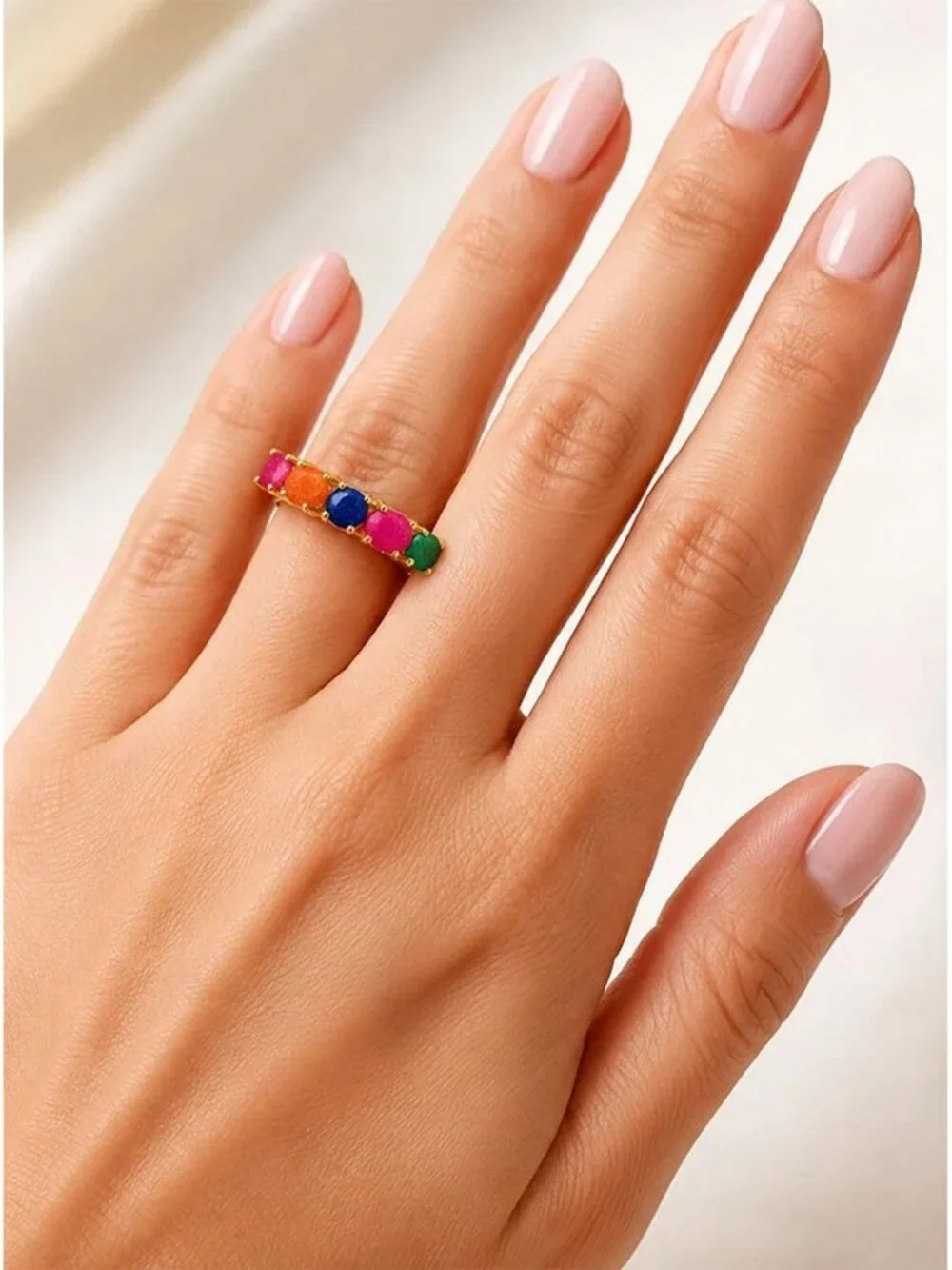Genuine Ruby, Emerald, Blue Sapphire & Padparadscha Ring 14k Gold Plated (.925)